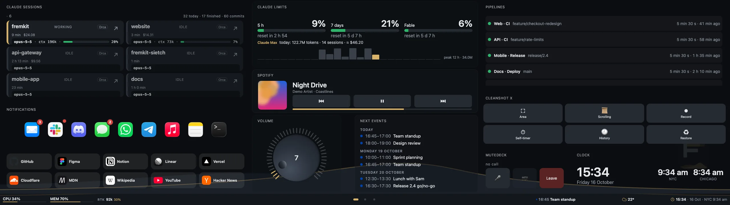 The Fremkit dashboard on a Xeneon Edge: Claude Code sessions and limits, Spotify, pipelines, Dock badges, shortcuts, volume, next events, CleanShot X, MuteDeck and clocks