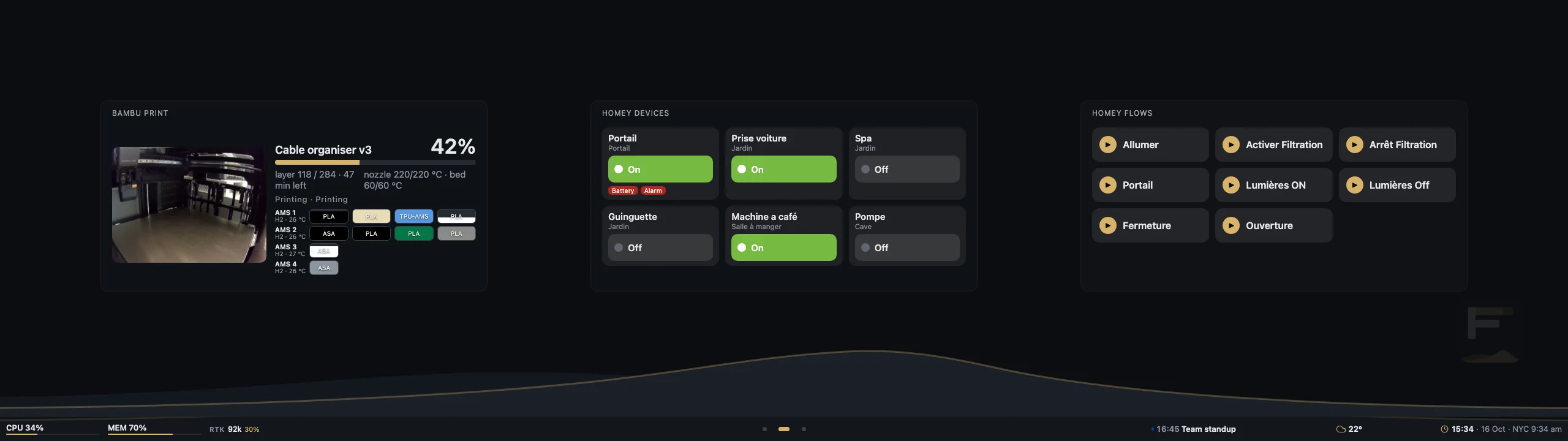 A second page: a Bambu Lab printer with its camera and AMS, Homey devices and Homey flows