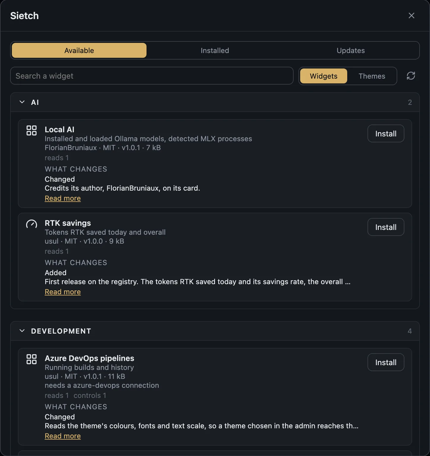 The Sietch marketplace open in the admin, listing widgets with their author, licence, permissions and changes